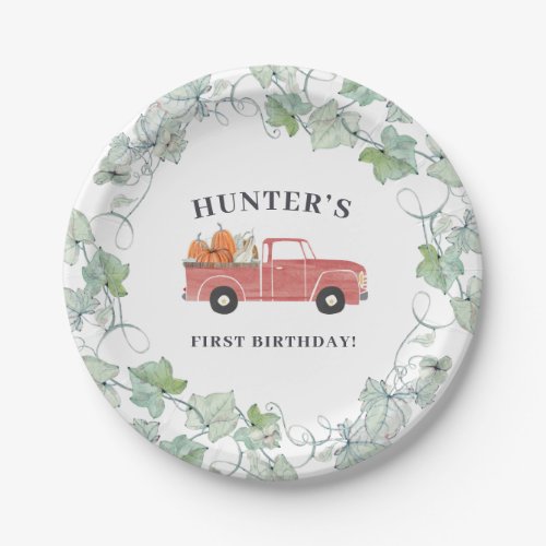 Boy Fall Birthday Red Truck and Pumpkins Paper Plates