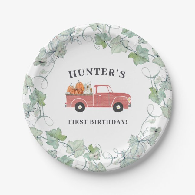 Boy Fall Birthday Red Truck and Pumpkins Paper Plates (Front)