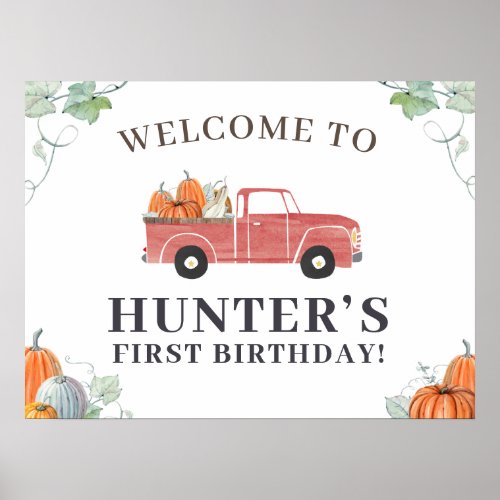 Boy Fall Birthday Red Truck and Pumpkins Welcome  Poster