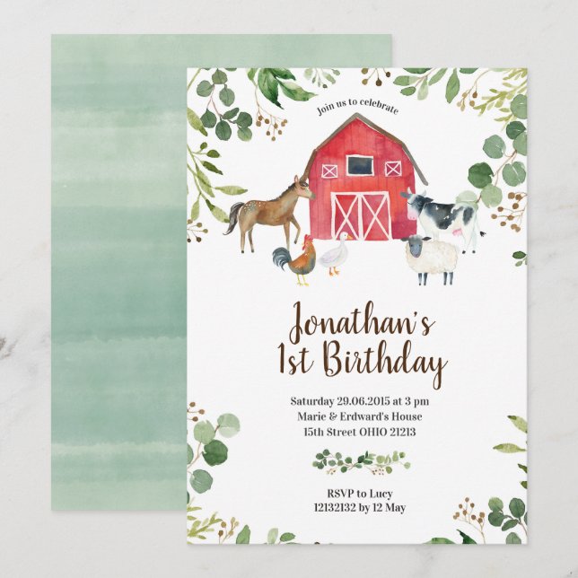 Boy Farm Animals Barnyard Birthday Invitation (Front/Back)