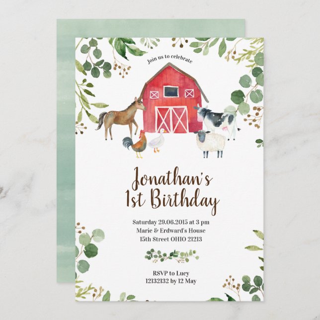 Boy Farm Animals Barnyard Birthday Invitation (Front/Back)