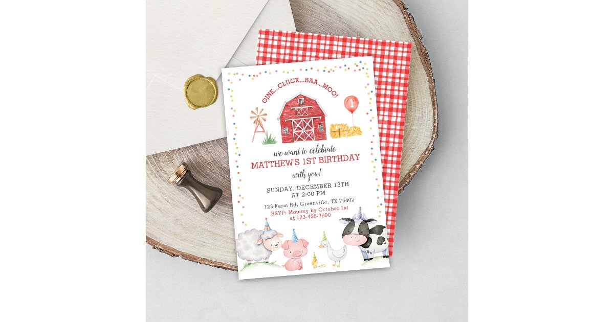Boy Farm Animals Red Birthday Invitation | Zazzle