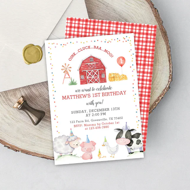 Boy Farm Animals Red Birthday Invitation | Zazzle