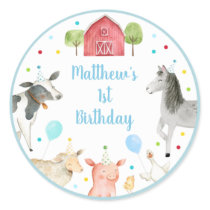 Boy Farm Barnyard Birthday Classic Round Sticker