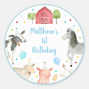 Boy Farm Barnyard Birthday Classic Round Sticker