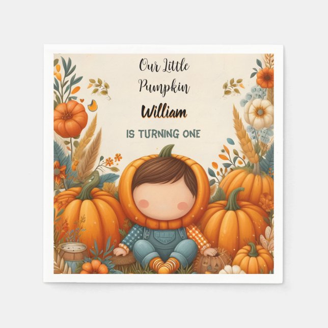 Boy Farm Kids Our Little Pumpkin Is Turning One Napkins (Front)