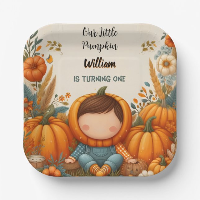 Boy Farm Kids Our Little Pumpkin Is Turning One Paper Plates (Front)