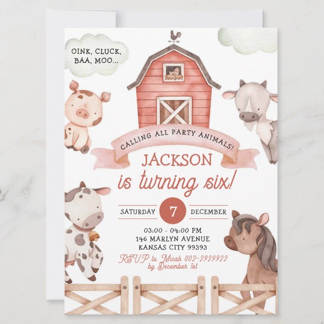 Boy Farm Party Animals Birthday Invitation (Front)