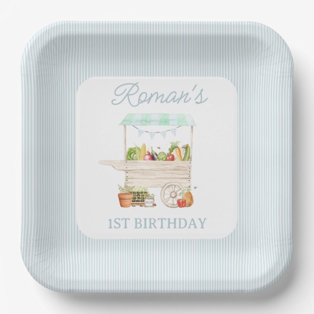 Boy Farmers Market Vegetable Stand Birthday Paper Plates (Front)