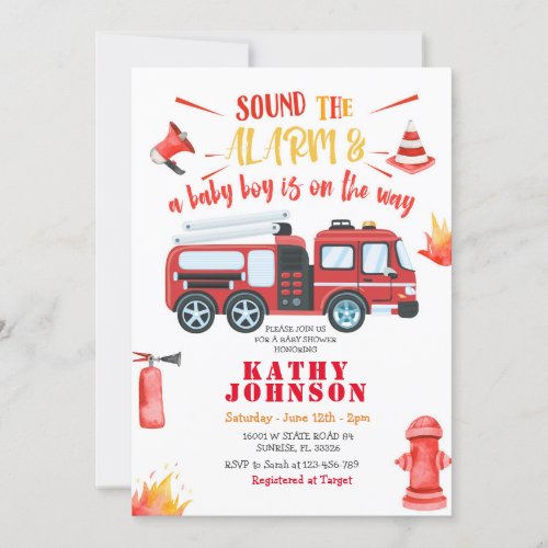 Boy Firefighter Fire Truck Baby Baby Shower Invitation