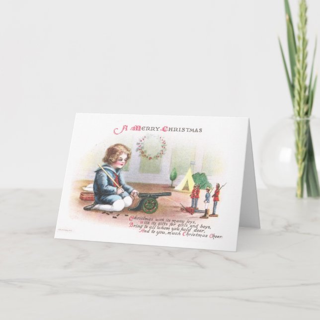 Boy Firing Cannon at Toy Soldiers at Christmas Holiday Card (Front)