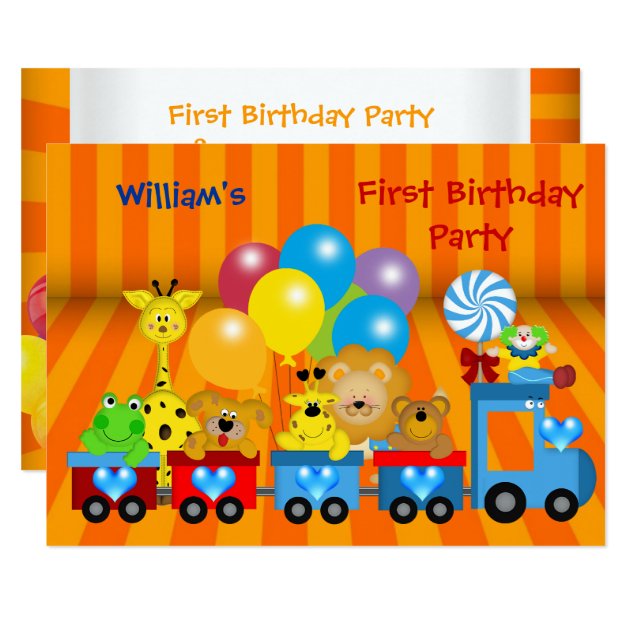Boy First Birthday 1st Train Zoo Animals Party Invitation
