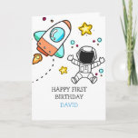 Boy First Birthday Astronaut Outer Space Rocket Card<br><div class="desc">Boy First Birthday Astronaut Outer Space Rocket</div>