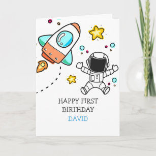 Boy First Birthday Astronaut Outer Space Rocket Card
