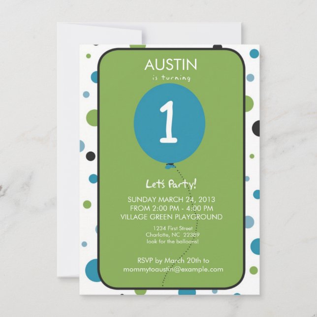 Boy First Birthday Balloon Party Invitation (Front)