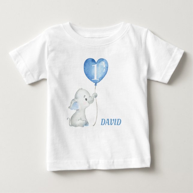Boy First Birthday Blue Balloon Elephant Baby T-Shirt (Front)
