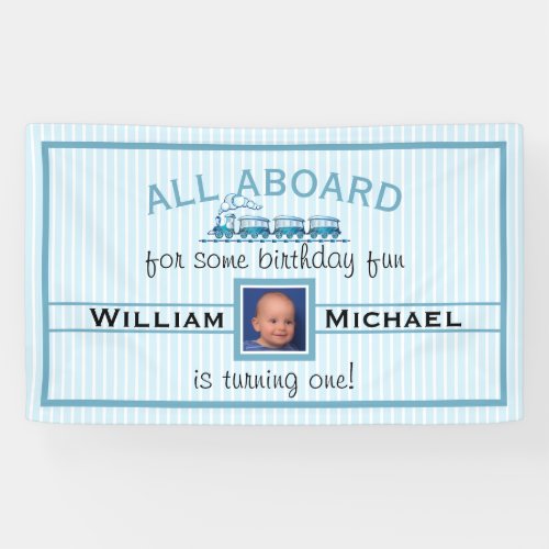 Boy First Birthday Blue Trains Banner