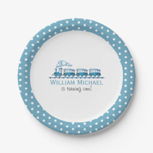 Boy First Birthday Blue Trains Paper Plates