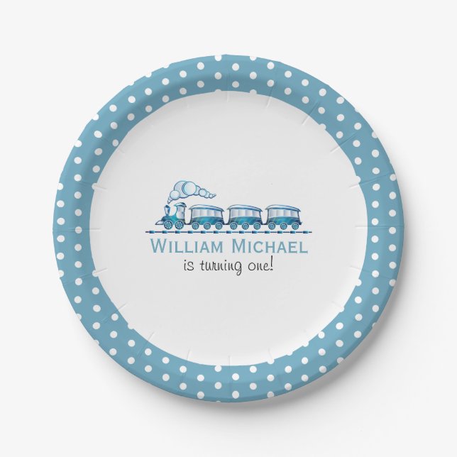 Boy First Birthday Blue Trains Paper Plates (Front)