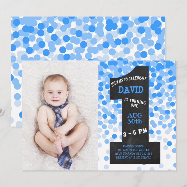 Boy First Birthday Chalkboard Confetti Photo Invitation (Front/Back)