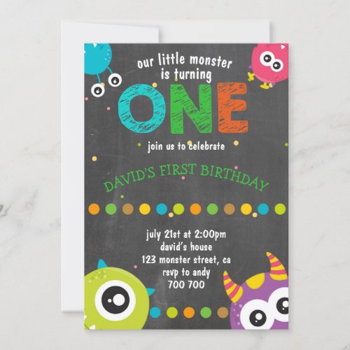 Boy First Birthday Chalkboard Monsters Cute Invitation