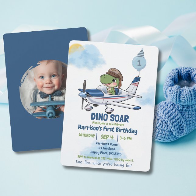 Boy First Birthday Dinosaur flies Airplane funny Invitation (Creator Uploaded)