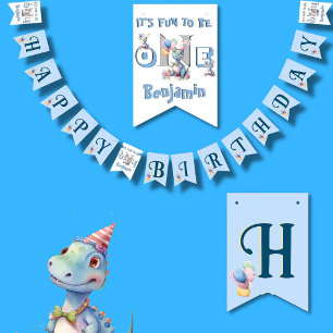 Boy First Birthday Fun One Dinosaur 1st Birthday Bunting Flags