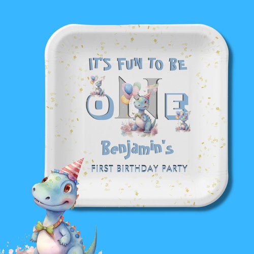 Boy First Birthday Fun One Dinosaur  Paper Plates