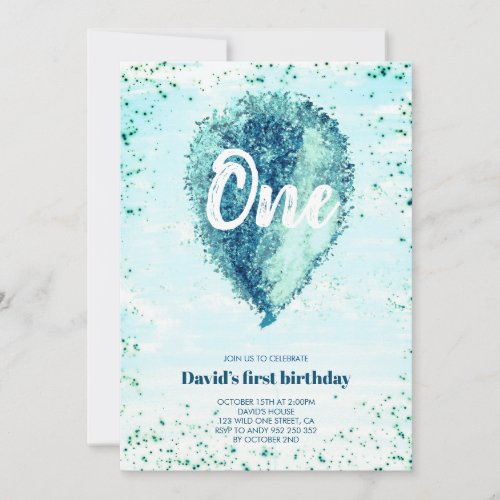 Boy First Birthday Glitter Blue Balloon Invitation