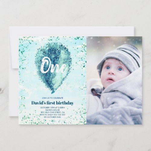 Boy First Birthday Glitter Blue Balloon Photo Invitation