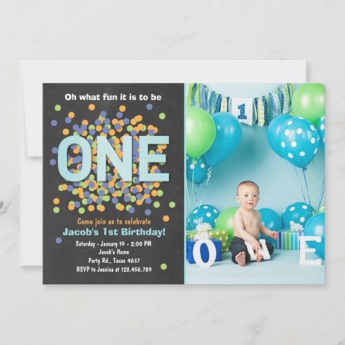 Boy First Birthday Invitation Confetti ONE blue