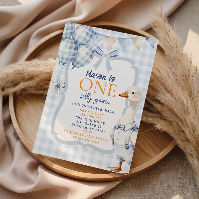Boy First Birthday Invitation Silly Goose Blue (Creator Uploaded)