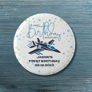 Boy First Birthday Jet Fighter Airplane Blue White Button