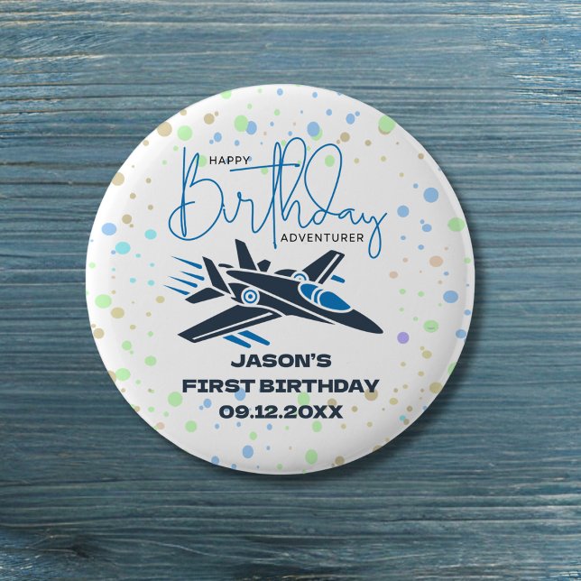 Boy First Birthday Jet Fighter Airplane Blue White Button (Creator Uploaded)