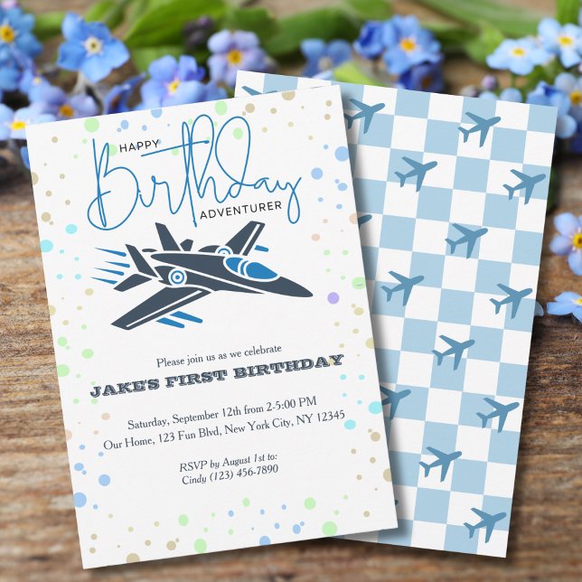 Boy First Birthday Jet Fighter Airplane Blue White Invitation (Creator Uploaded)