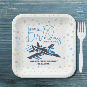 Boy First Birthday Jet Fighter Airplane Blue White Paper Plates