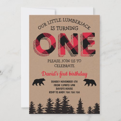 Boy First Birthday Lumberjack Red Flannel Party Invitation