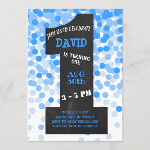 Boy First Birthday Modern Chalkboard Blue Confetti Invitation