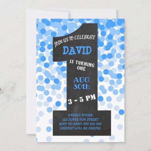 Boy First Birthday Modern Chalkboard Blue Confetti Invitation