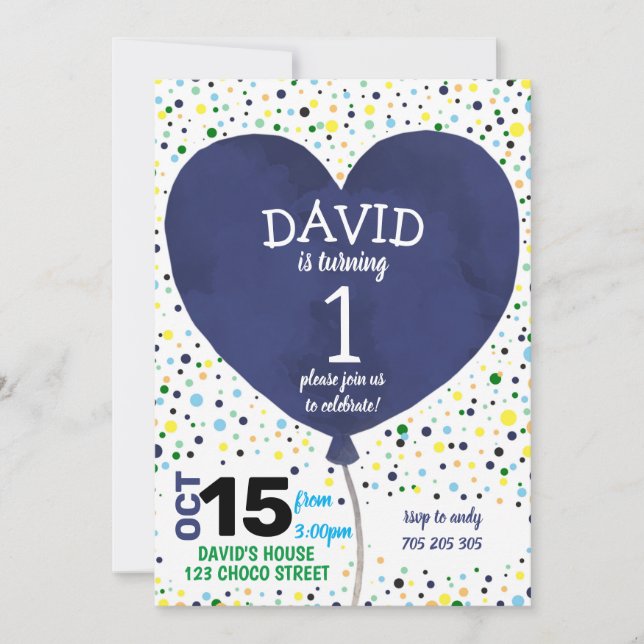 Boy First Birthday Navy Heart Balloon Confetti Invitation (Front)