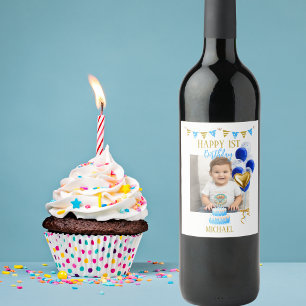 Boy First Birthday Photo Blue Gold Balloon Cute Wine Label