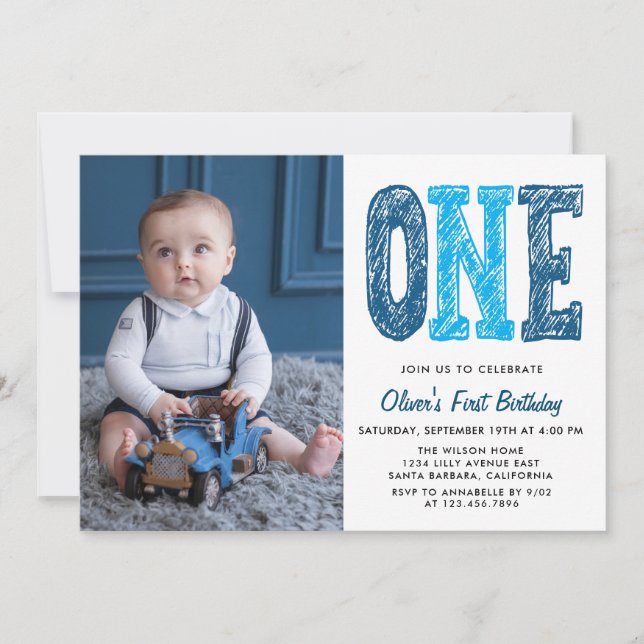 Boy First Birthday Photo  Invitation (Front)