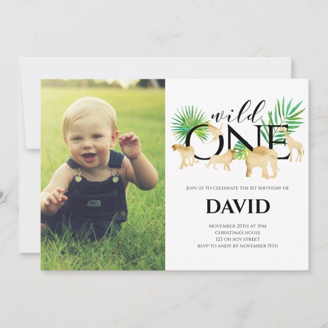 Boy First Birthday Photo Wild One Gold Jungle Invitation (Front)