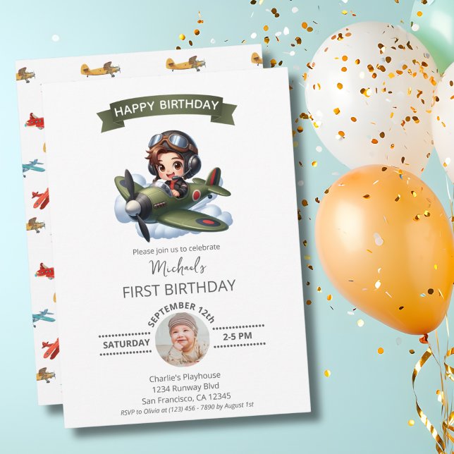 Boy First Birthday Pilot Vintage Airplane Clouds Invitation (Creator Uploaded)