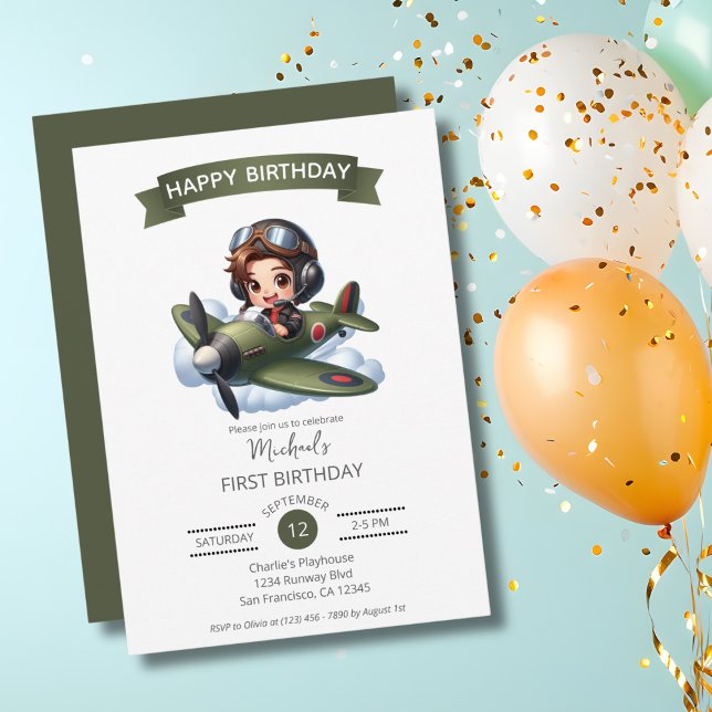 Boy First Birthday Pilot Vintage Airplane Clouds Invitation (Creator Uploaded)