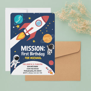 Boy First Birthday Rocket Outer Space Astronaut Invitation