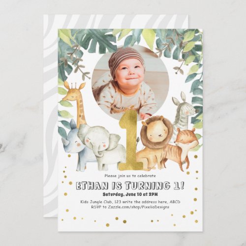 Boy First Birthday Safari Jungle animals photo Invitation