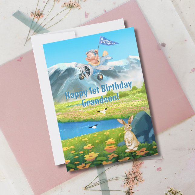 Boy First Birthday Teddy Bear Airplane Grandson  Holiday Card (Creator Uploaded)