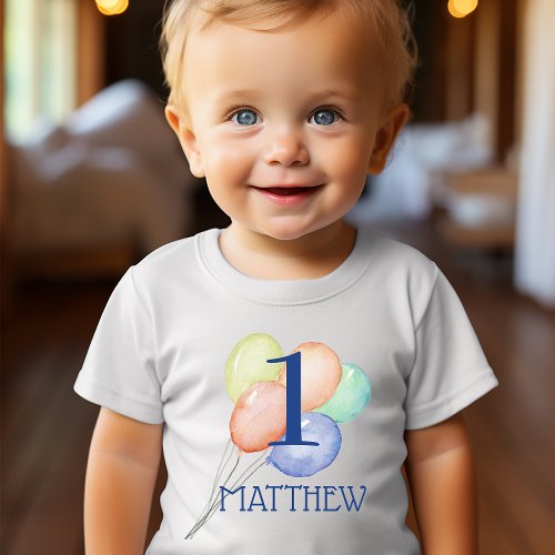 Boy First Birthday with Name and Balloons Baby T_Shirt