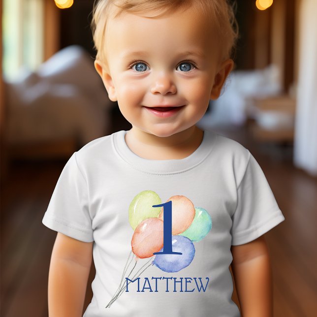 Boy First Birthday with Name and Balloons Baby T-Shirt (Change the number to ANY AGE!)